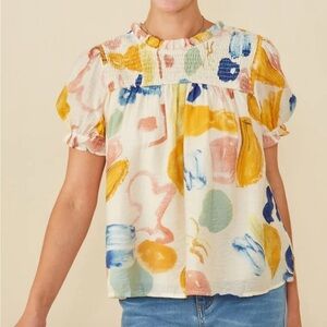 Hayden Women’s Textured Smock Detail Ruffle Top Size Large